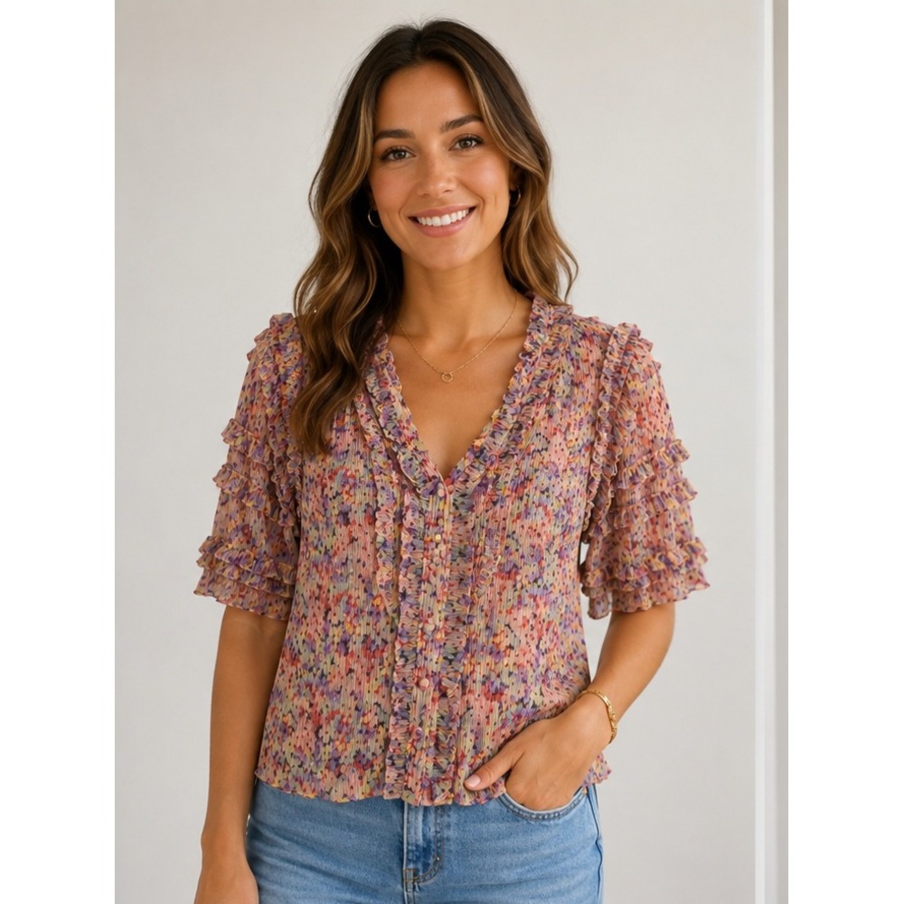 Rebecca Taylor Floral Plisse Ruffle Blouse Multi Color V-Neck Short Sleeve Top 6